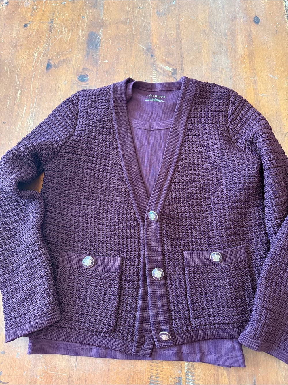 Talbots Plum Waffle Knit Cardigan Tank Layer